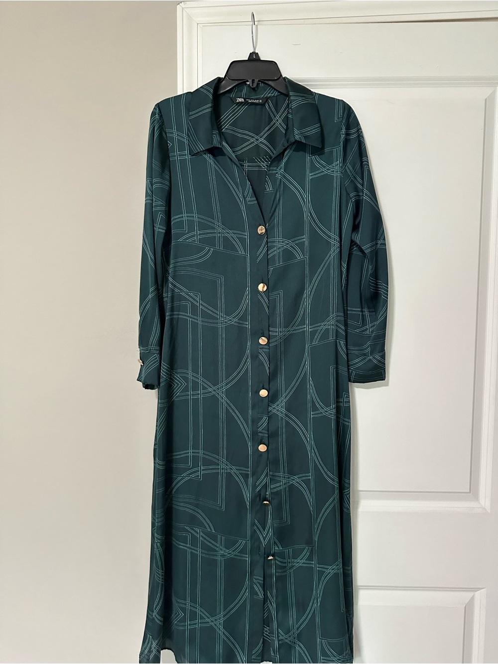 Button-Front Forest Green Geometric Shirt Dress